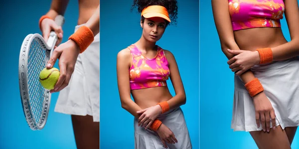 Kollage Sportig Ung Kvinna Som Håller Tennisracket Och Bollen Blå — Stockfoto