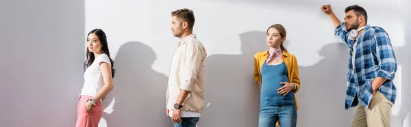 Multicultural People Pregnant Woman Standing Wall Queue Banner — Stock Photo, Image