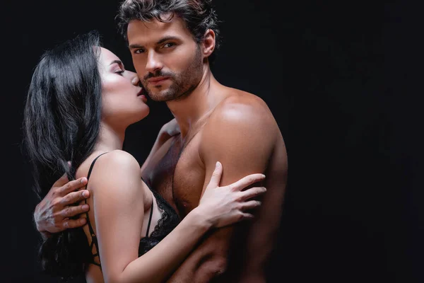 Young Shirtless Man Looking Camera While Embracing Seductive Woman Lace — Stock Photo, Image