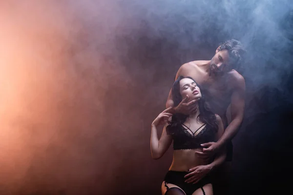 Shirtless Muscular Man Embracing Neck Sexy Woman Black Lace Underwear — Stock Photo, Image