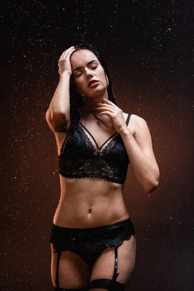 Sexy Woman Black Lace Underwear Stockings Closed Eyes Falling Raindrops — Stock Photo, Image