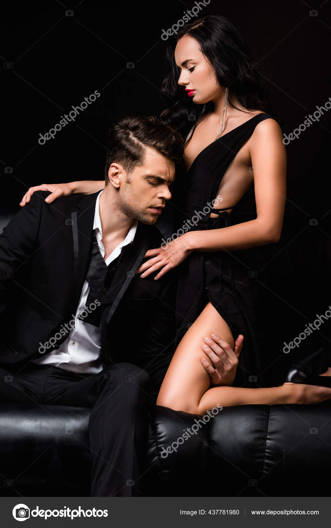 Man Closed Eyes Touching Leg Seductive Woman Dress Isolated Black Stock Photo by ©VitalikRadko 437781980
