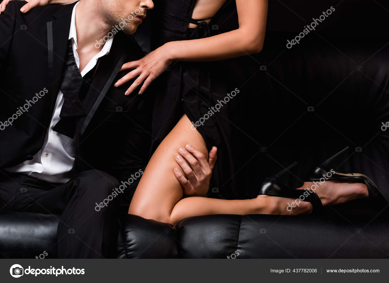 Cropped View Man Suit Touching Leg Seductive Woman Dress Isolated Stock Photo by ©VitalikRadko 437782006