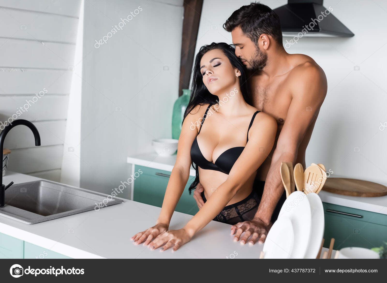 Sexy Man Embracing Kissing Seductive Woman Black Bra Standing Kitchen Stock Photo by ©VitalikRadko 437787372