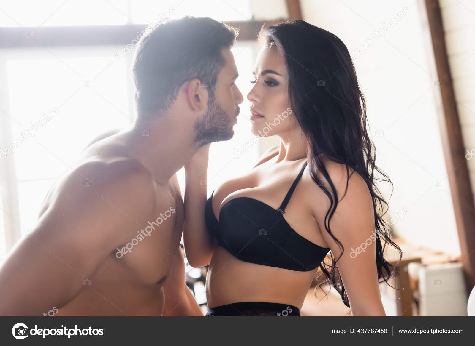 Side View Sexy Muscular Man Seductive Brunette Woman Black Bra Stock Photo by ©VitalikRadko 437787458 pic