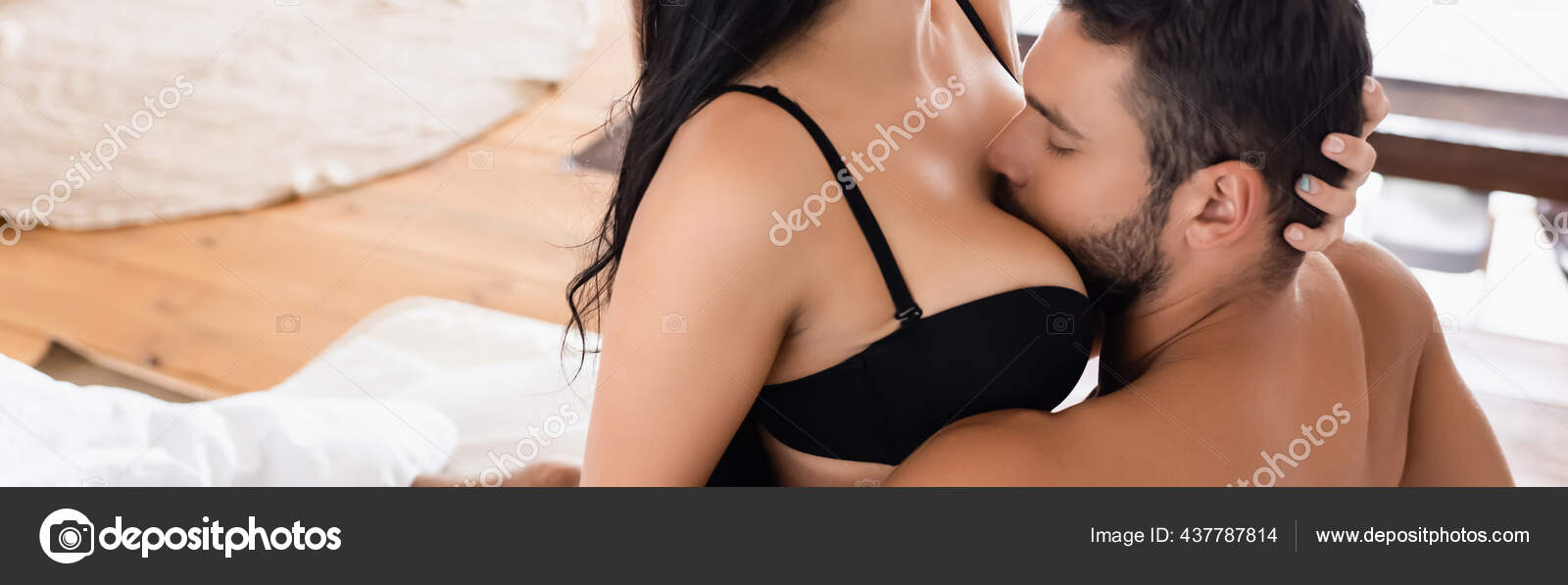 Young Man Closed Eyes Kissing Breast Sexy Woman Black Bra Stock Photo by  ©VitalikRadko 437787814