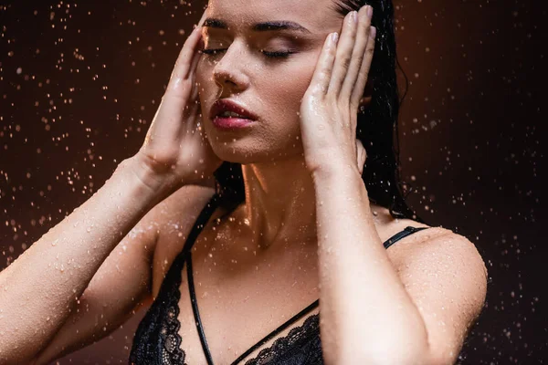Young Woman Black Lace Bra Posing Rain Closed Eyes Dark — Stock Photo, Image