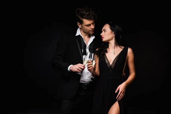 Sexy Couple Holding Glasses Champagne Isolated Black — Stock Photo, Image