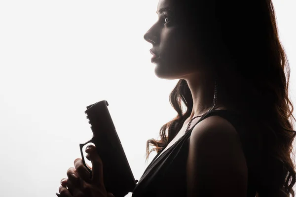 Side View Brunette Young Woman Holding Gun Isolated White — Stock Photo, Image