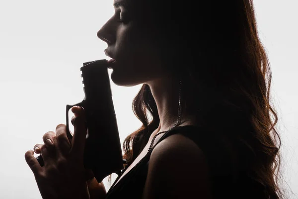 Side View Brunette Young Woman Closed Eyes Holding Gun Isolated — Stock Photo, Image