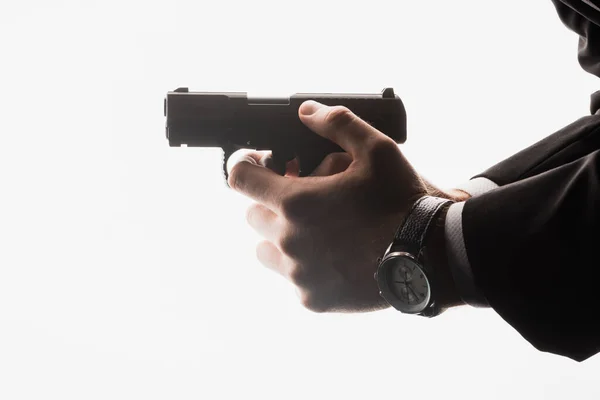 Partial View Dangerous Man Holding Gun Isolated White — Stock Photo, Image