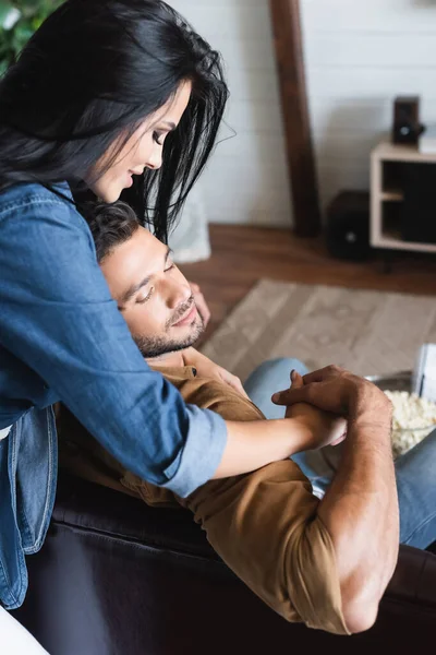 Young Man Holding Hands Sensual Brunette Woman Bending Him Home — Stock Photo, Image