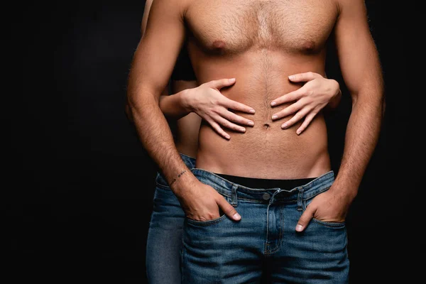 Cropped View Woman Hugging Muscular Torso Man Holding Hands Pockets — Stock Photo, Image