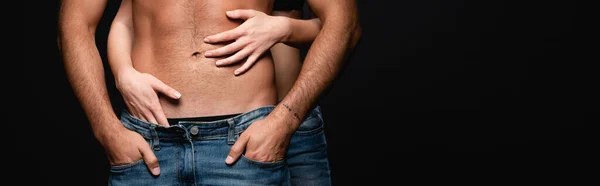 Partial View Woman Embracing Shirtless Man Holding Hands Pockets Isolated — Stock Photo, Image