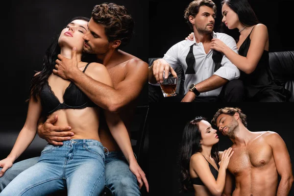 collage of brunette woman seducing elegant man, and passionate couple in jeans embracing on black