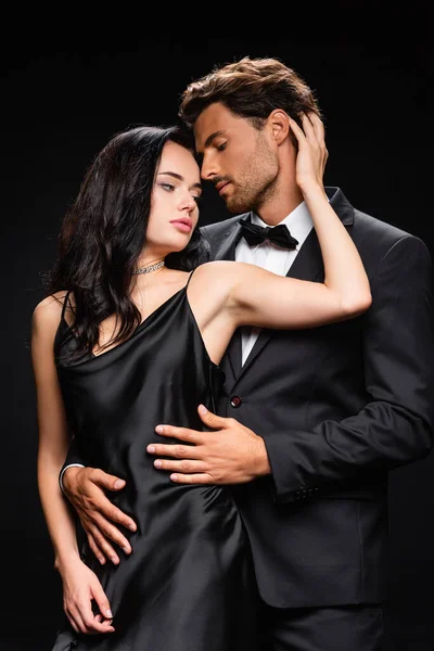 Sensual Woman Elegant Dress Touching Head Young Man Embracing Her — Stock Photo, Image