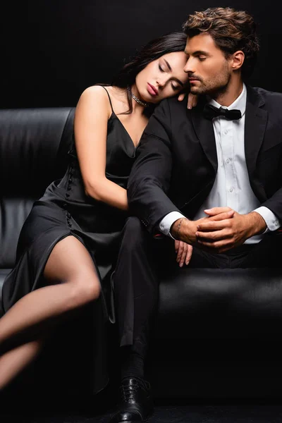 Sensual Woman Closed Eyes Leaning Shoulder Elegant Man Sitting Leather — Stock Photo, Image