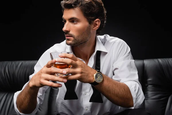 Young Man Untied Tie White Shirt Looking Away While Holding — Stock Photo, Image