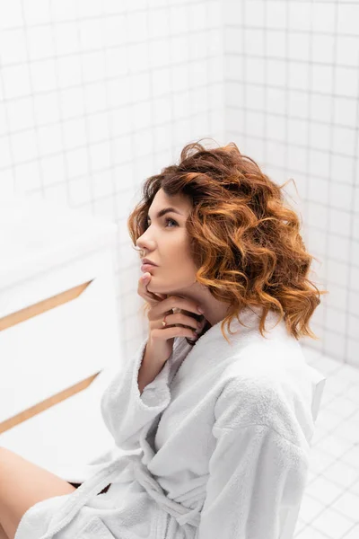 Pensive Woman White Bathrobe Looking Away Bathroom — Stock Photo, Image