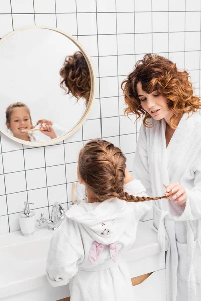 Woman Touching Hair Daughter Brushing Teeth Sink Bathroom — Stock Photo, Image