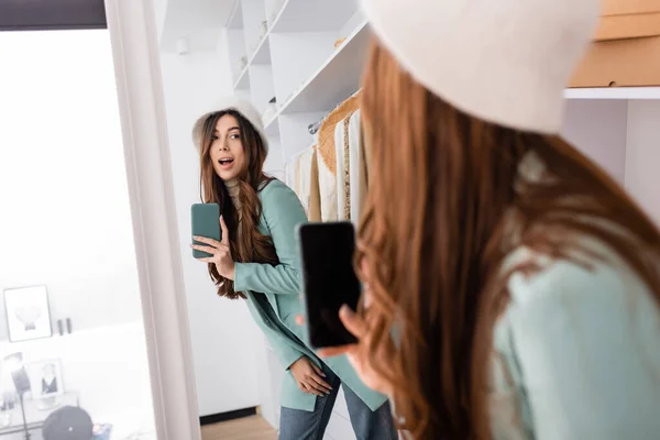 Woman Taking Photo Smartphone While Looking Mirror Wardrobe — Stock Photo, Image