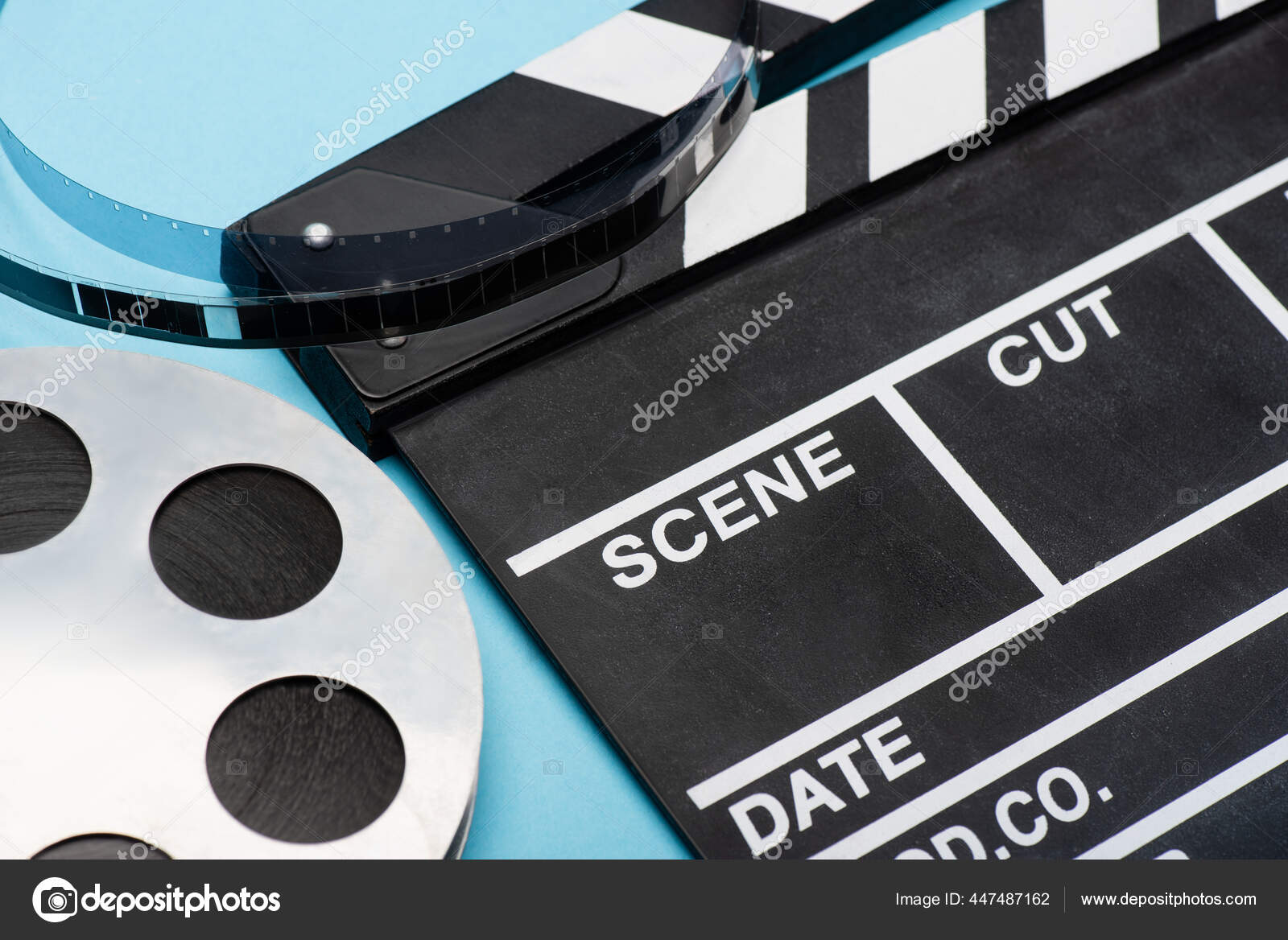 Close View Clapperboard Film Bobbin Blue Cinema Concept — Stock