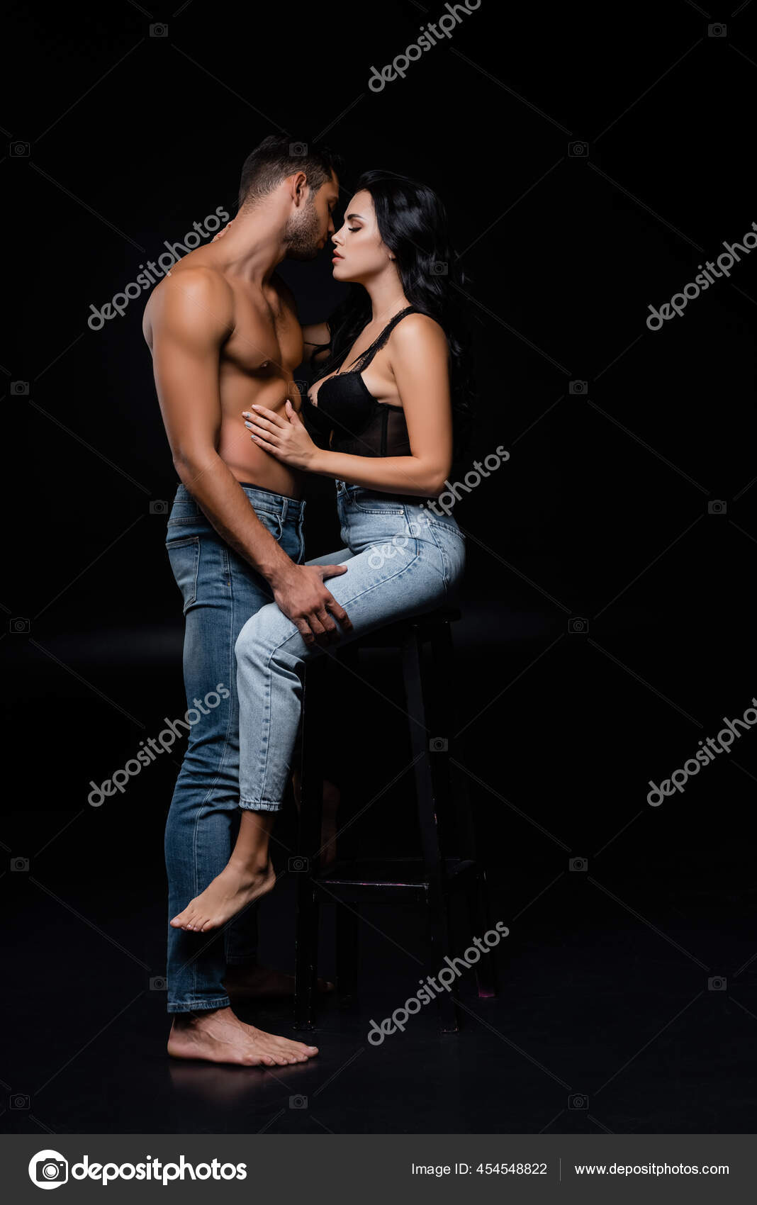 Passionate Woman Touching Sexy Boyfriend While Sitting Chair Black Background Stock Photo by ©VitalikRadko 454548822