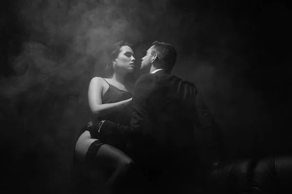 Monochrome Shot Sensual Woman Standing Boyfriend Suit Black Background Smoke — Stock Photo, Image