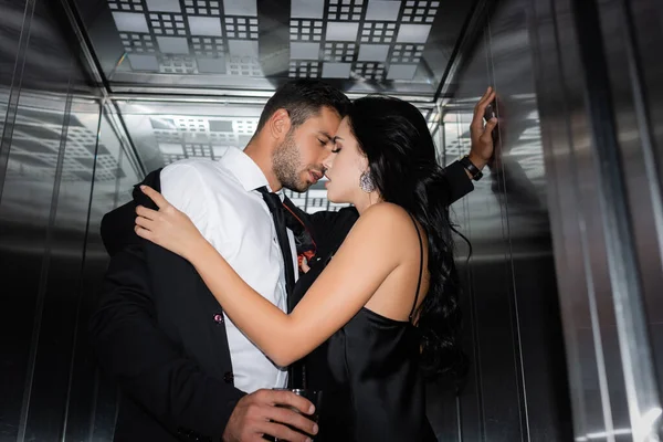 Passionate Woman Taking Jacket Boyfriend Glass Whiskey Elevator — Stock Photo, Image