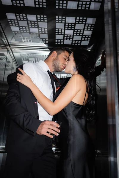 Young Woman Undressing Boyfriend Glass Whiskey Elevator — Stock Photo, Image