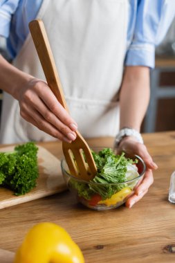 Genç yetişkin bir kadının mutfakta taze sebze salatasıyla spatulayı karıştırması kısmen görülebilir.