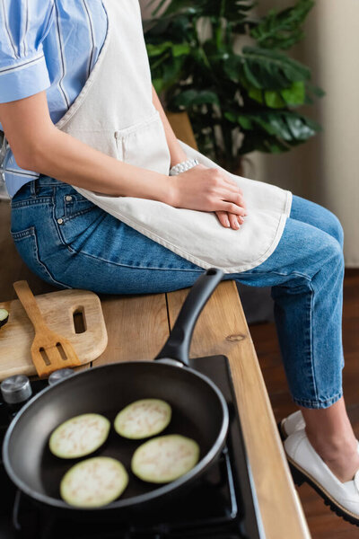 partial view of young adult woman in apron sitting near spot with slices of eggplant in modern kitchen