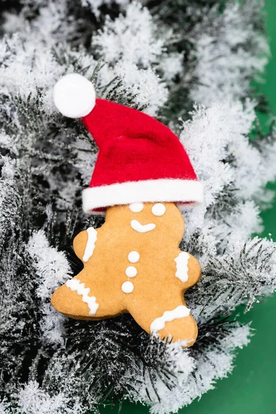 Hombre de jengibre en sombrero de santa en rama de abeto con nieve decorativa - foto de stock