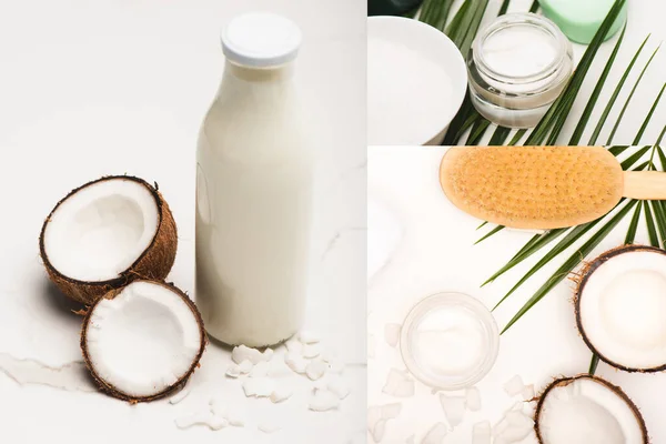 Collage aus Kokosnusshälften, Milch und Flocken, kosmetischer Creme und Massagebürste in der Nähe von Palmblättern auf Weiß — Stockfoto