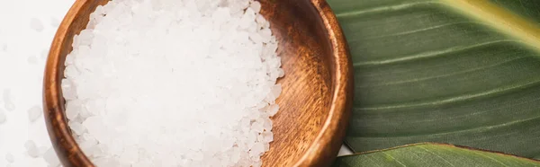 Vue rapprochée du sel de mer naturel dans un bol en bois sur feuille verte, bannière — Photo de stock