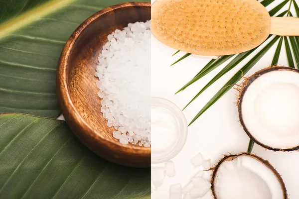 Колаж морської солі в дерев'яній мисці, нарізані кокоси, косметичний крем, і масажний пензлик на білому — стокове фото