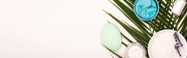 Vue du dessus de la bouteille avec lait de coco, savon, récipients avec crème cosmétique et gommage près des feuilles de palmier sur fond blanc, bannière — Photo de stock