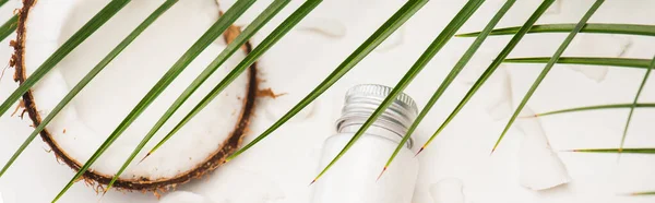 Draufsicht auf Kokosnusshälften und Flakes in Flaschennähe mit hausgemachter Lotion unter Palmblättern, Banner — Stockfoto