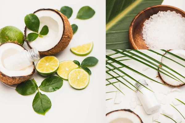 Collage de mitades de coco, botella de loción, cal, tazón con sal marina y hojas sobre fondo blanco - foto de stock