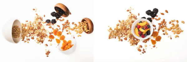 Колаж смачної граноли з горіхами, персиком, чорницею і сушеними абрикосами, розкиданими з мисок, ізольовані на білому фоні, банер — стокове фото