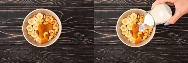 Colagem de mulher adicionando iogurte a granola deliciosa com nozes, banana e damascos secos na superfície preta de madeira, banner — Fotografia de Stock