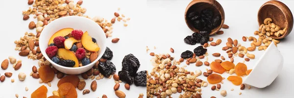 Collage of delicious granola with nuts and dried fruits scattered from bowls on white, banner — Stock Photo