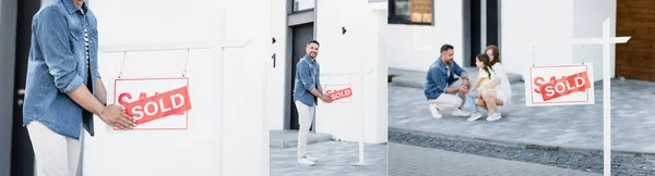 Collage de squattage familial, homme regardant la caméra et tenant signe avec lettrage vendu près de la maison, bannière — Photo de stock