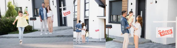 Collage einer lächelnden Tochter in den Armen des Vaters, die mit Familie in der Nähe des Hauses läuft und steht und ein Schild mit verkauftem Schriftzug, Banner — Stockfoto