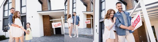 Коллаж счастливой пары обнимая, глядя на знак с продаваемой надписью и стоя с дочерью рядом с домом, баннер — Stock Photo