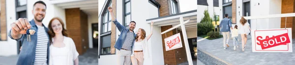 Colagem de família feliz com abraço chave e ir para casa perto do sinal com letras vendidas, banner — Fotografia de Stock