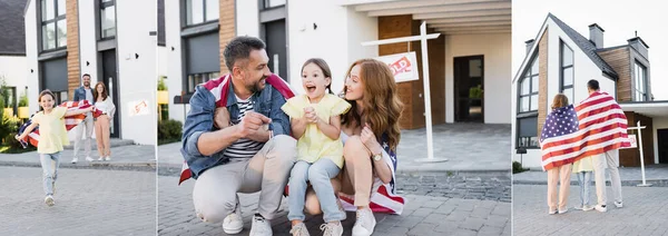 Collage di figlia a bocca aperta seduta vicino al padre con le chiavi, in piedi con i genitori coperti di bandiera americana e in esecuzione in avanti, banner — Foto stock