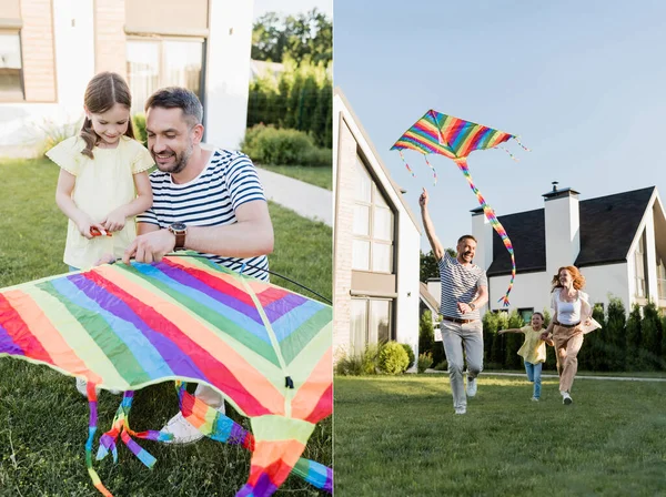Collage von Tochter mit Vater, der Drachen montiert und mit Mutter rennt, während Papa Drachen auf Rasen in der Nähe von Häusern fliegen lässt — Stockfoto