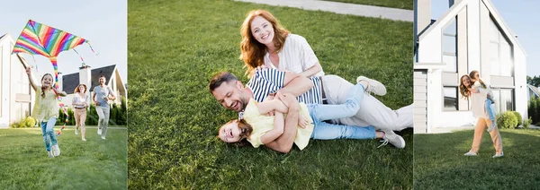Collage di famiglia felice sdraiato sul prato, kit di volo e madre piggybacking figlia vicino a casa, banner — Foto stock
