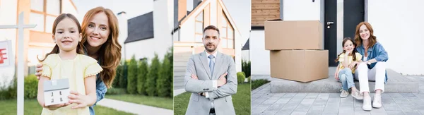 Collage of happy mother and daughter holding house statuette, sitting near carton boxes and broker looking at camera, banner — Stock Photo